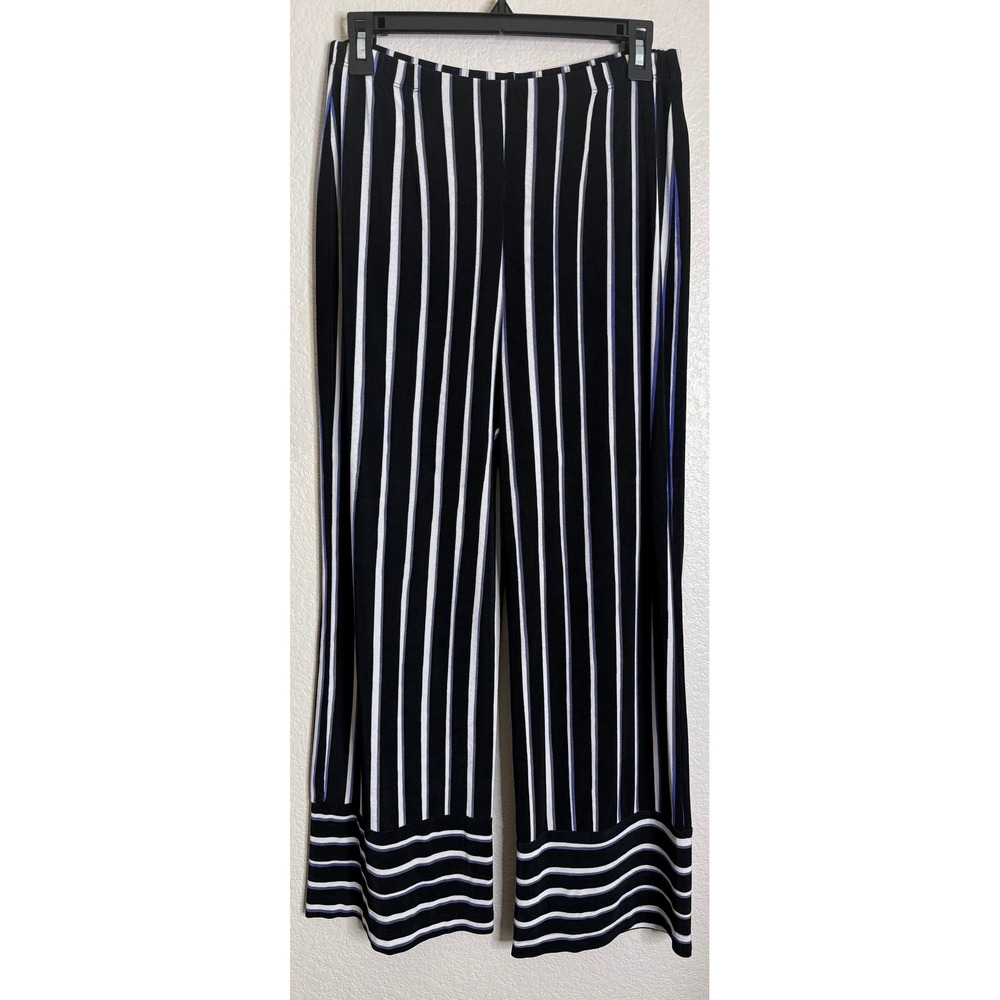 Chicos Travelers 1R US 8/10 Pants Black White Striped Wide Leg Elastic‎ Waist